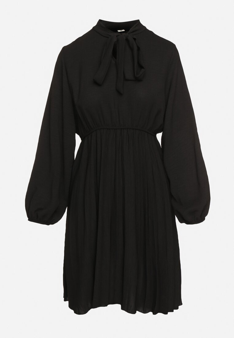 j studio Rochie Neagră Plisată cu Legătură Decorativă și Elastic în Talie Melondria