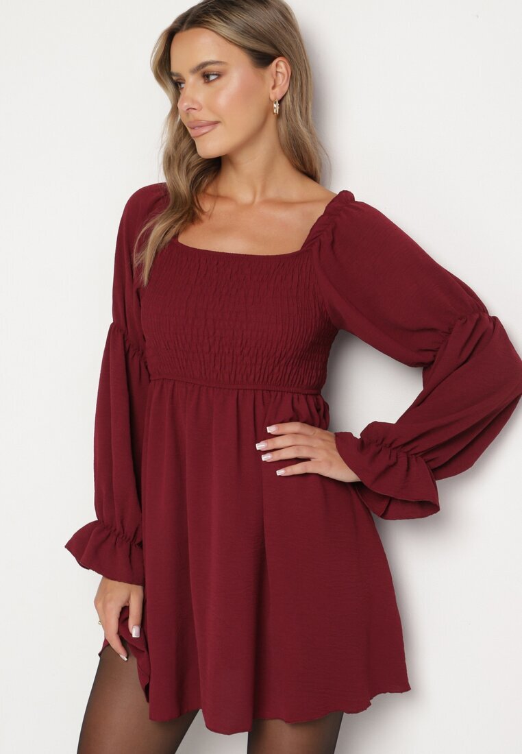 j studio Rochie Rozkloszowana Bordo cu Bust Elastic și Volane la Mâneci Saviella