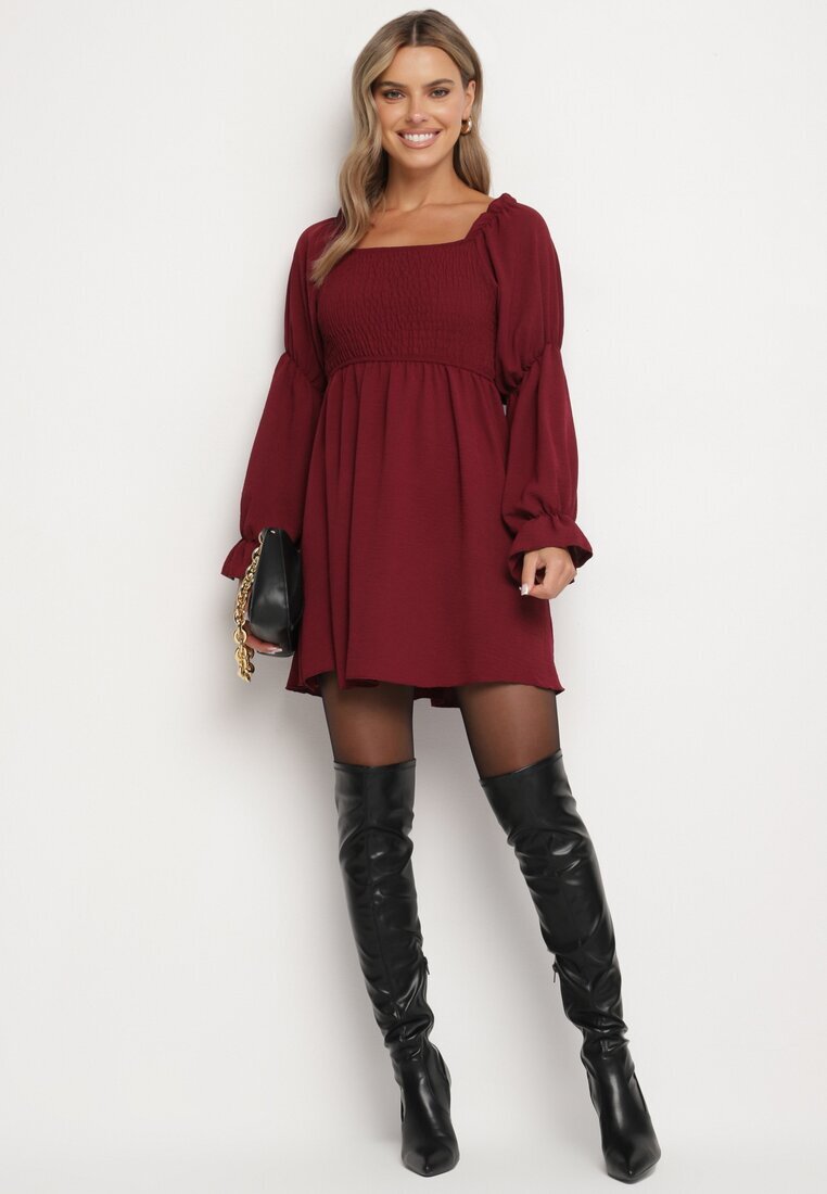 j studio Rochie Rozkloszowana Bordo cu Bust Elastic și Volane la Mâneci Saviella