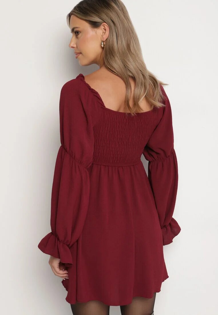 j studio Rochie Rozkloszowana Bordo cu Bust Elastic și Volane la Mâneci Saviella
