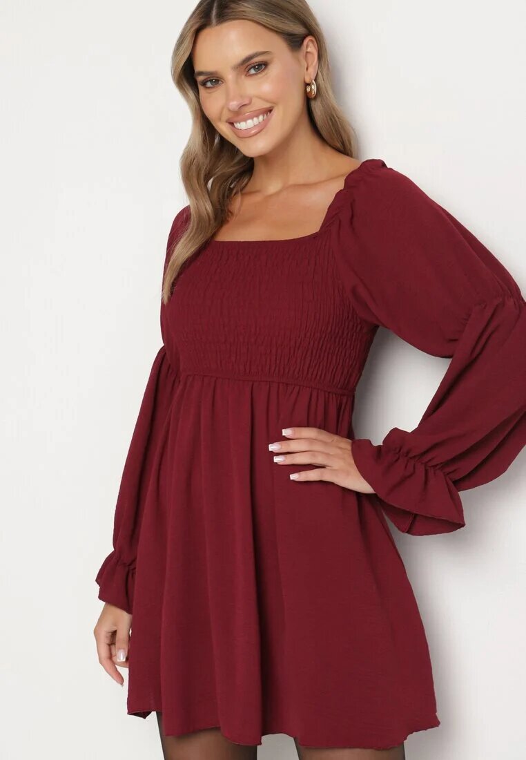 j studio Rochie Rozkloszowana Bordo cu Bust Elastic și Volane la Mâneci Saviella