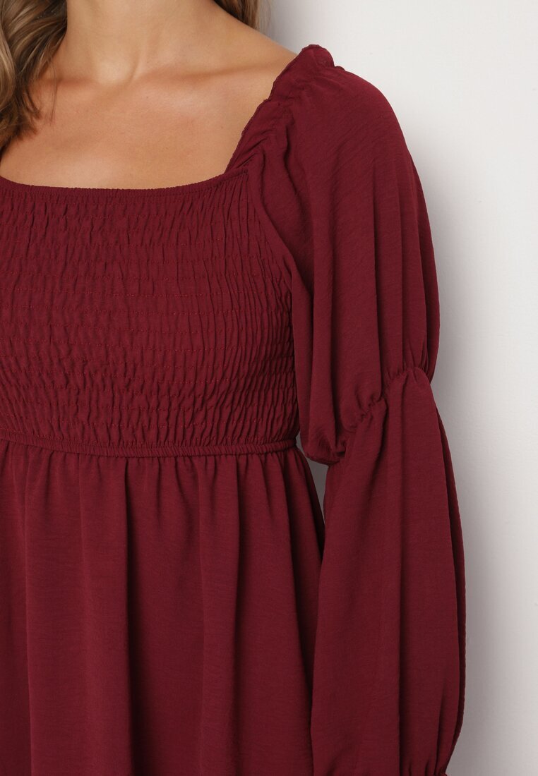j studio Rochie Rozkloszowana Bordo cu Bust Elastic și Volane la Mâneci Saviella