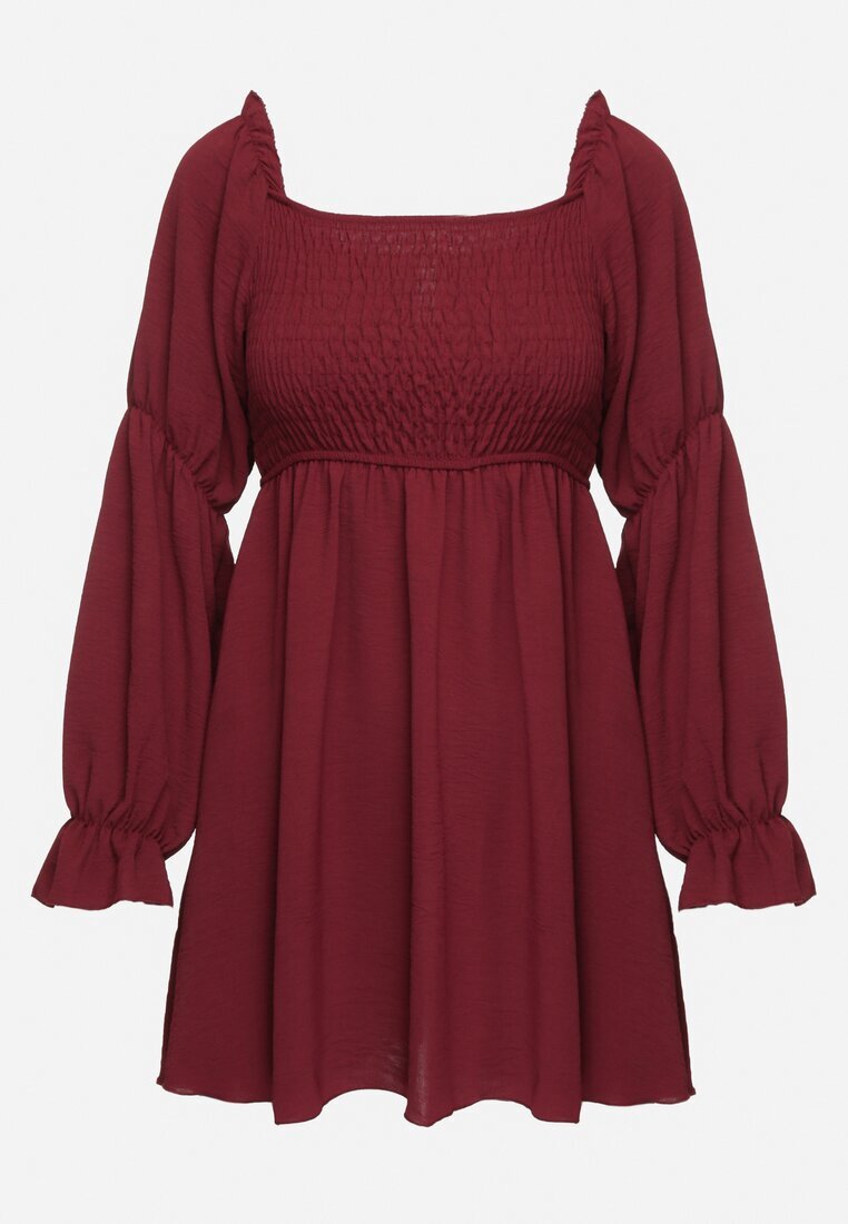 j studio Rochie Rozkloszowana Bordo cu Bust Elastic și Volane la Mâneci Saviella