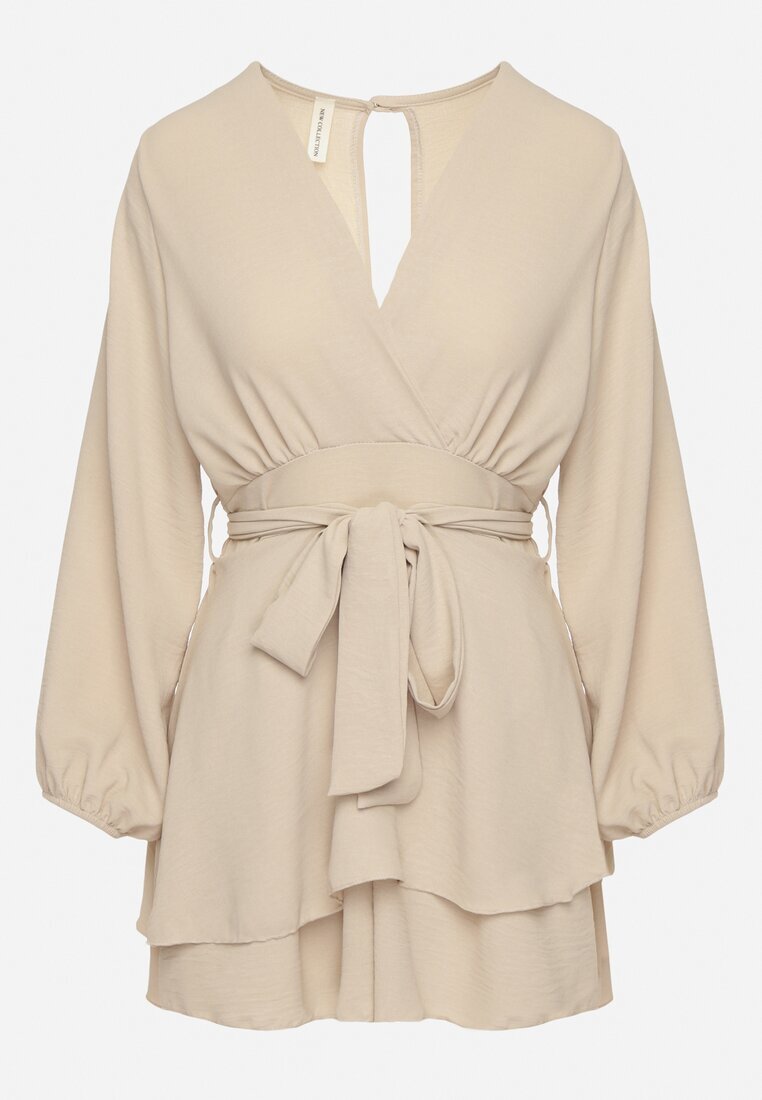 j studio Rochie-salopetă bej tip plic mini cu volan Bomina