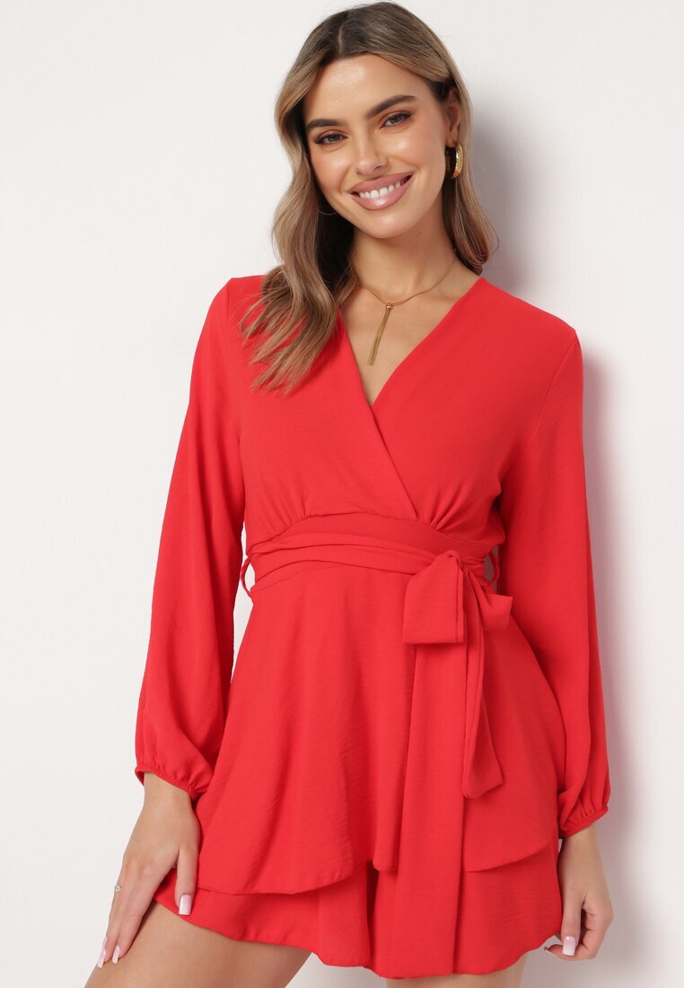 j studio Rochie-salopetă roșie petrecută mini cu volan Bomina