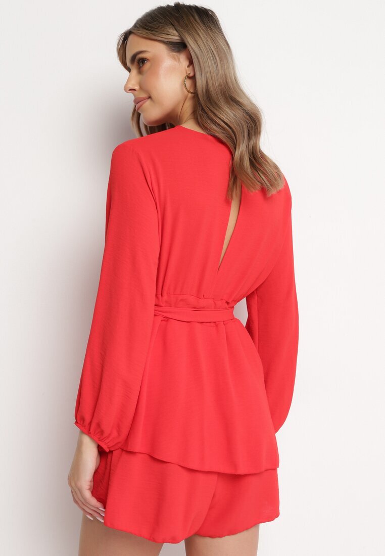 j studio Rochie-salopetă roșie petrecută mini cu volan Bomina