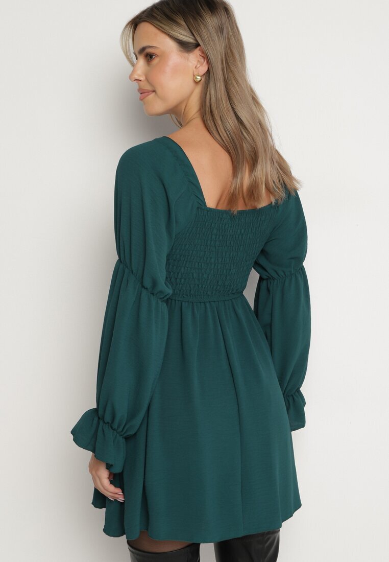 j studio Rochie verde închis evazată cu partea de sus elastică și volane la mâneci Saviella
