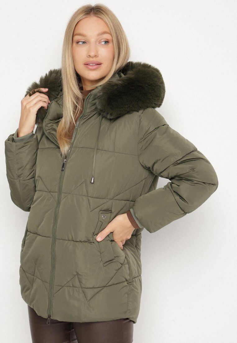 j.style Geacă Matlasată Verde închis cu Glugă cu Blană în Stil Clasic Mindrie