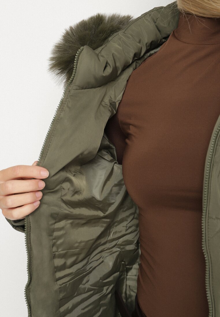 j.style Geacă Matlasată Verde închis cu Glugă cu Blană în Stil Clasic Mindrie