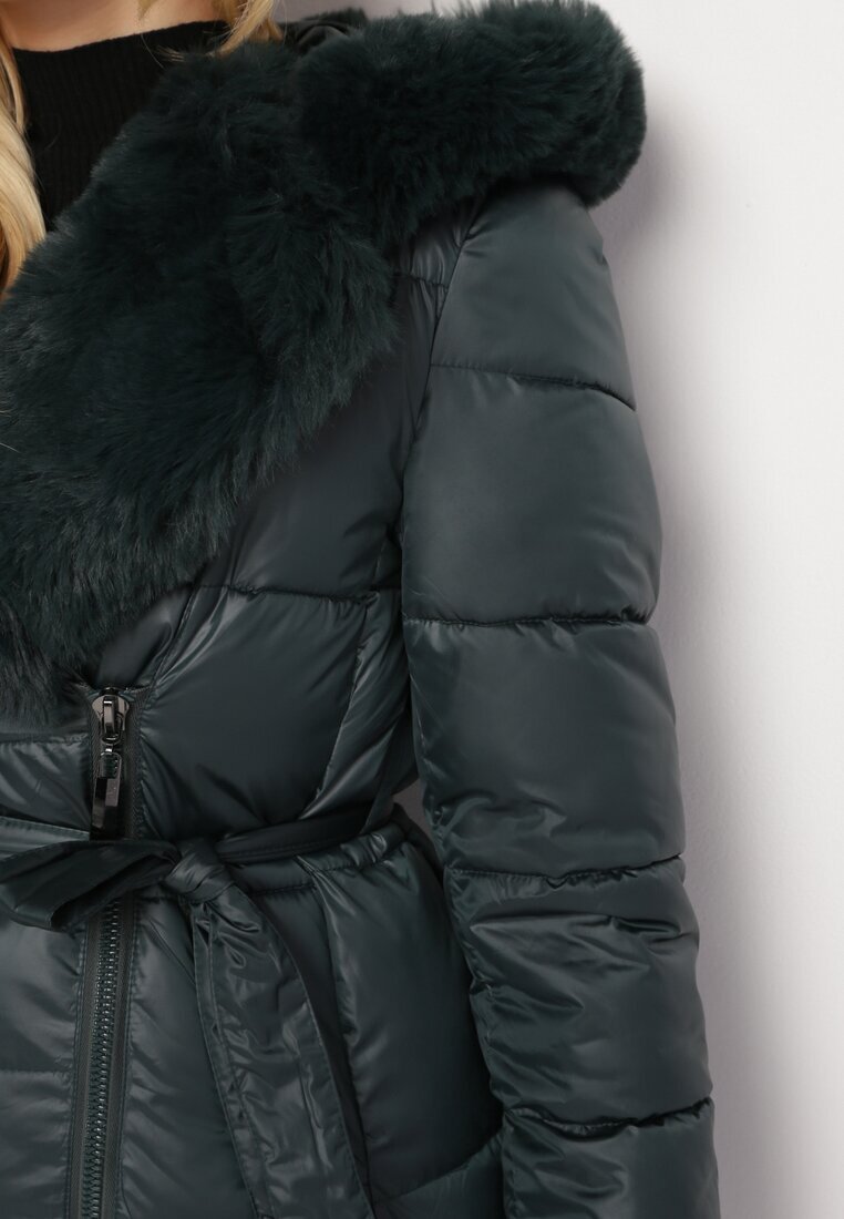 j.style Geacă Matlasată Verde închis sub genunchi cu Blană Decorativă Velveti