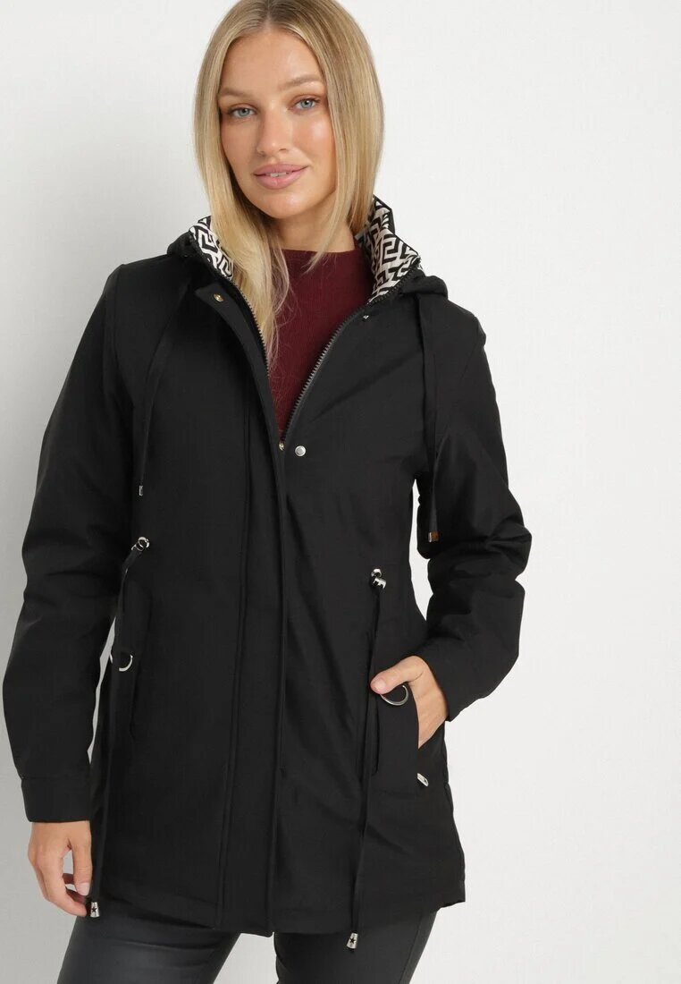 j.style Geacă neagră Parka cu glugă cu căptușeală decorativă Tiolara