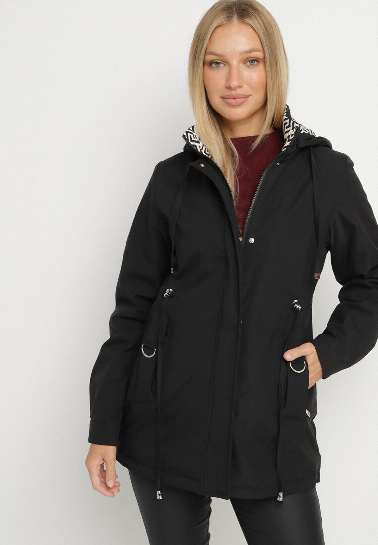 j.style Geacă neagră Parka cu glugă cu căptușeală decorativă Tiolara