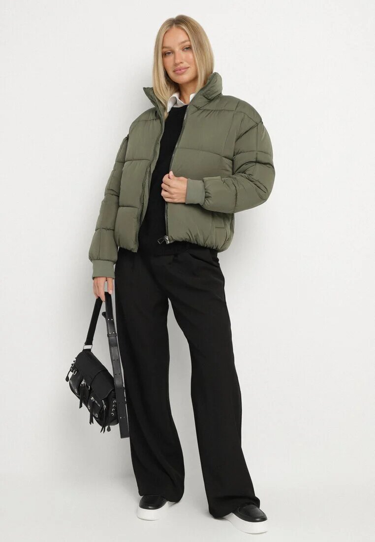 j.style Geacă Puffer Matlasată Verde închis cu Croială Dreaptă cu Manșete Elastice Suzzana