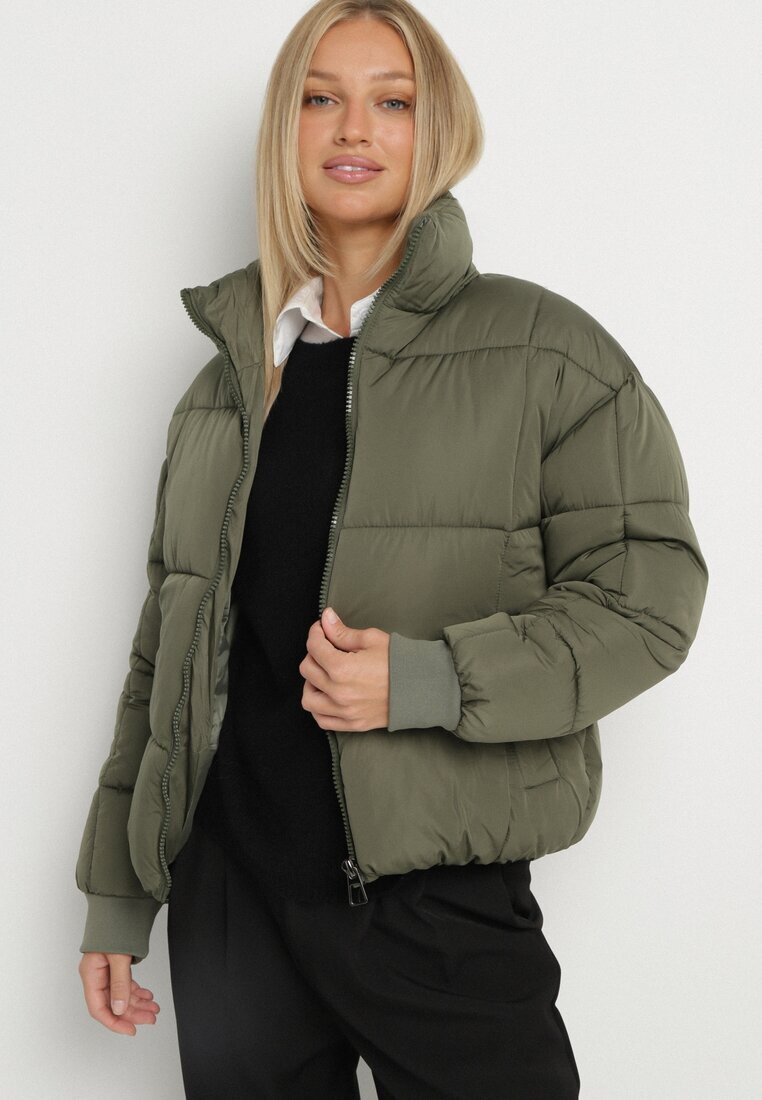 j.style Geacă Puffer Matlasată Verde închis cu Croială Dreaptă cu Manșete Elastice Suzzana