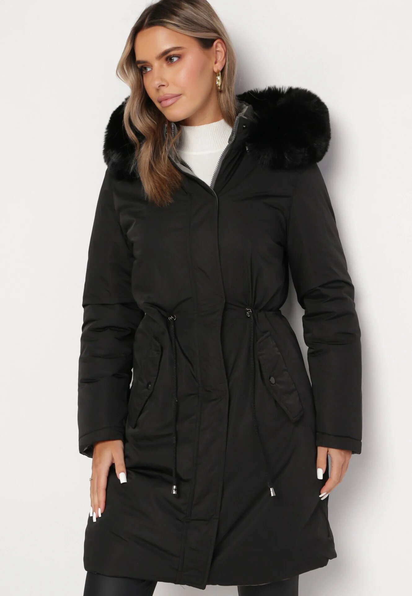 j.style Jachetă Gri-Negru Reversibilă sub genunchi cu glugă cu blană Zephyro