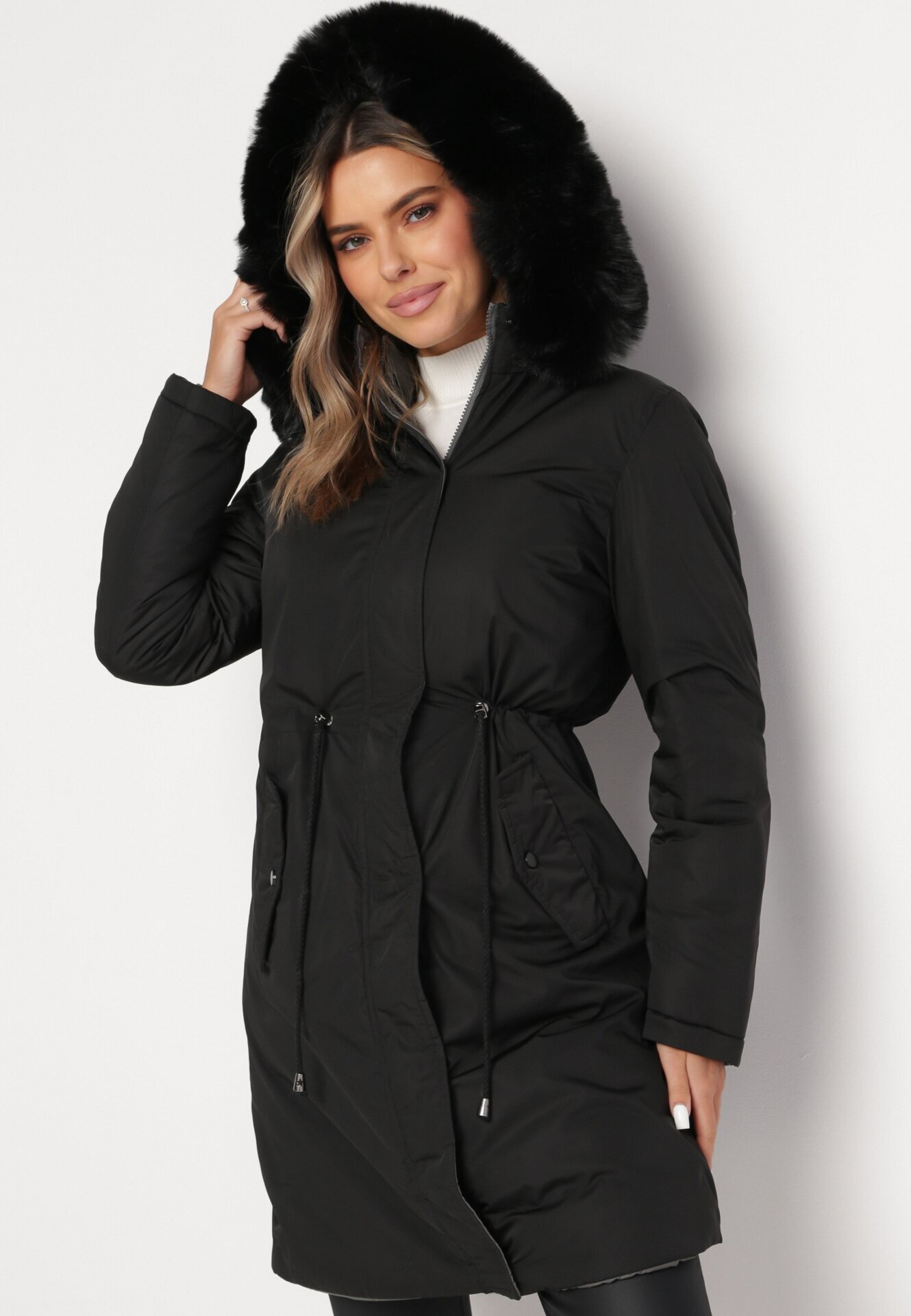j.style Jachetă Gri-Negru Reversibilă sub genunchi cu glugă cu blană Zephyro