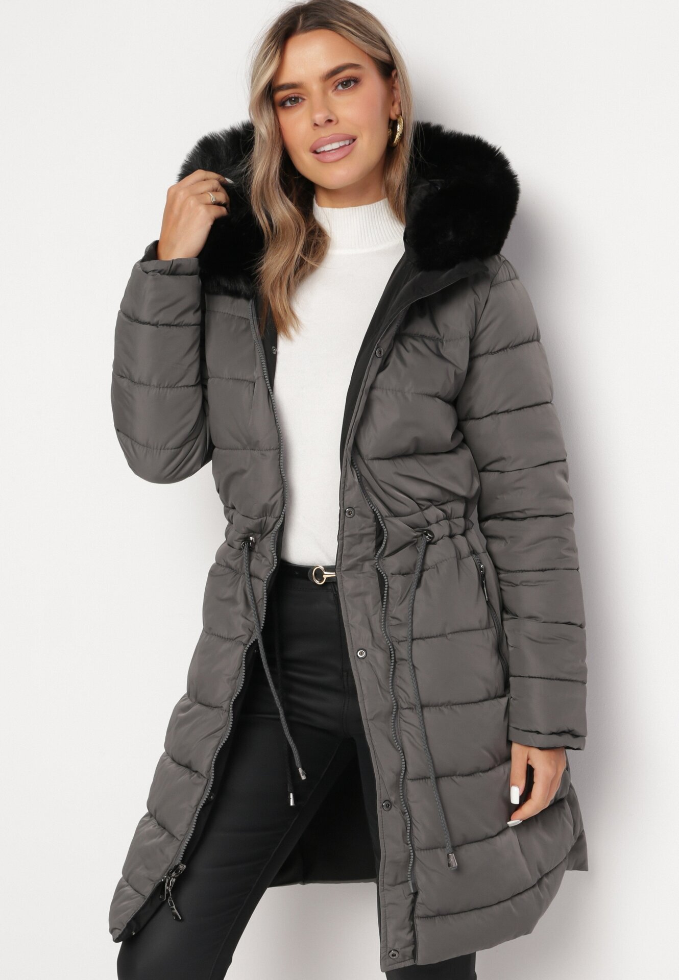 j.style Jachetă Gri-Negru Reversibilă sub genunchi cu glugă cu blană Zephyro