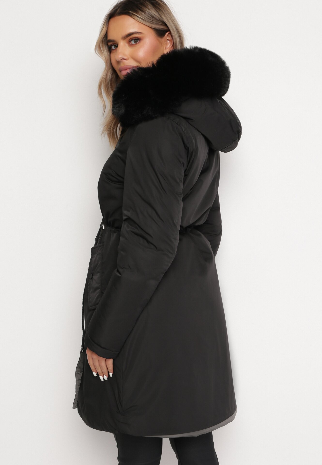 j.style Jachetă Gri-Negru Reversibilă sub genunchi cu glugă cu blană Zephyro