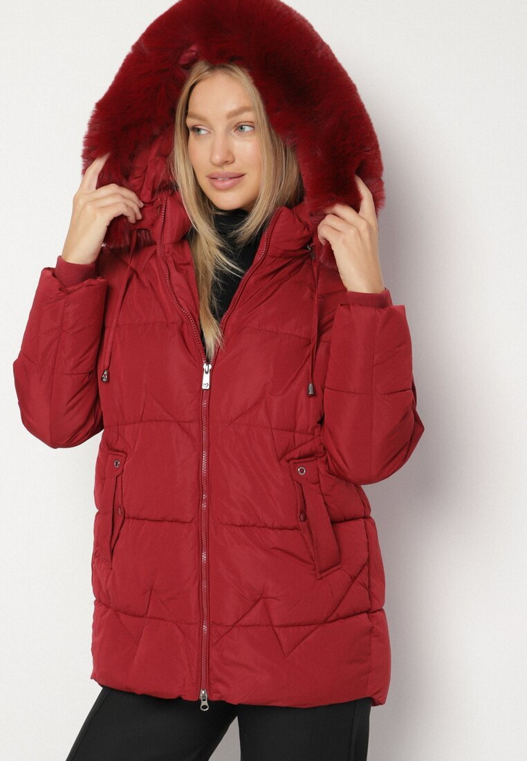 j.style Jachetă Matlasată Bordo cu Glugă cu Blană în Stil Clasic Mindrie