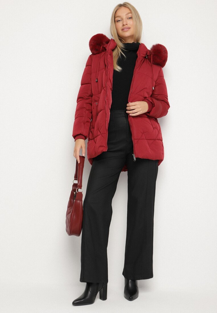 j.style Jachetă Matlasată Bordo cu Glugă cu Blană în Stil Clasic Mindrie