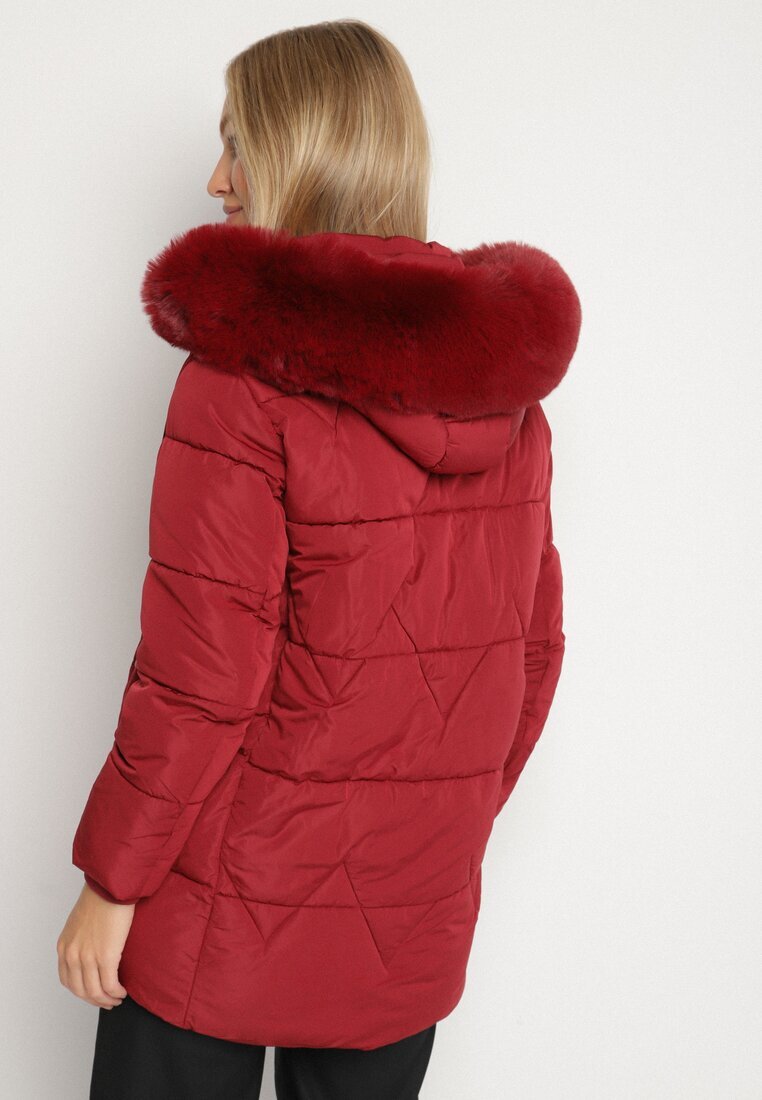 j.style Jachetă Matlasată Bordo cu Glugă cu Blană în Stil Clasic Mindrie