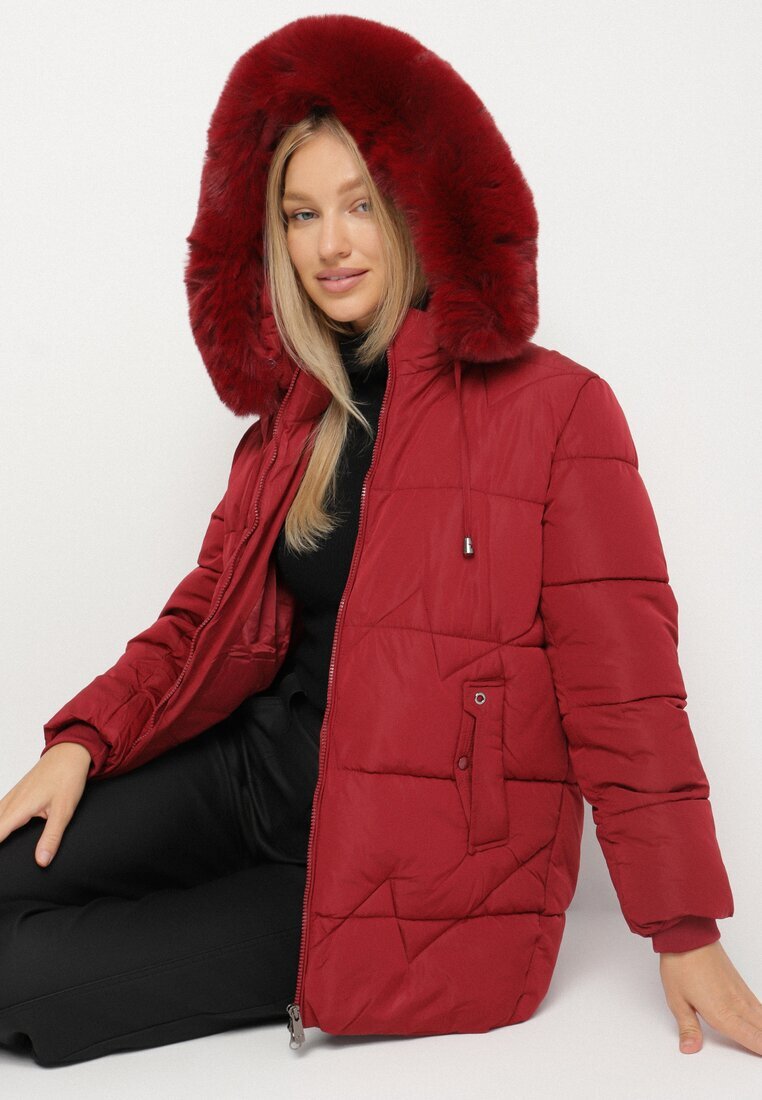 j.style Jachetă Matlasată Bordo cu Glugă cu Blană în Stil Clasic Mindrie