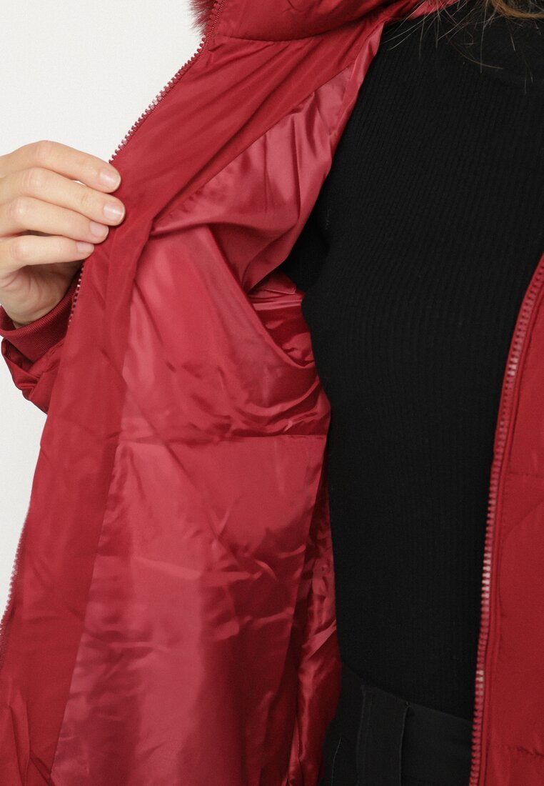 j.style Jachetă Matlasată Bordo cu Glugă cu Blană în Stil Clasic Mindrie