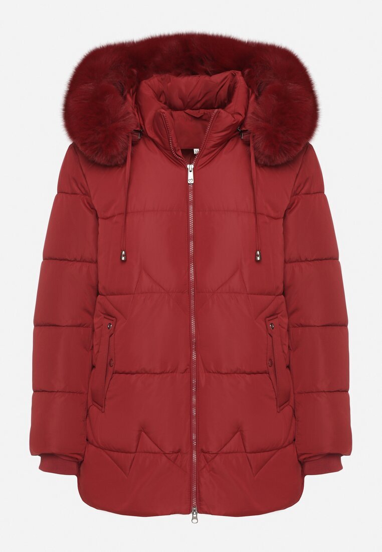 j.style Jachetă Matlasată Bordo cu Glugă cu Blană în Stil Clasic Mindrie