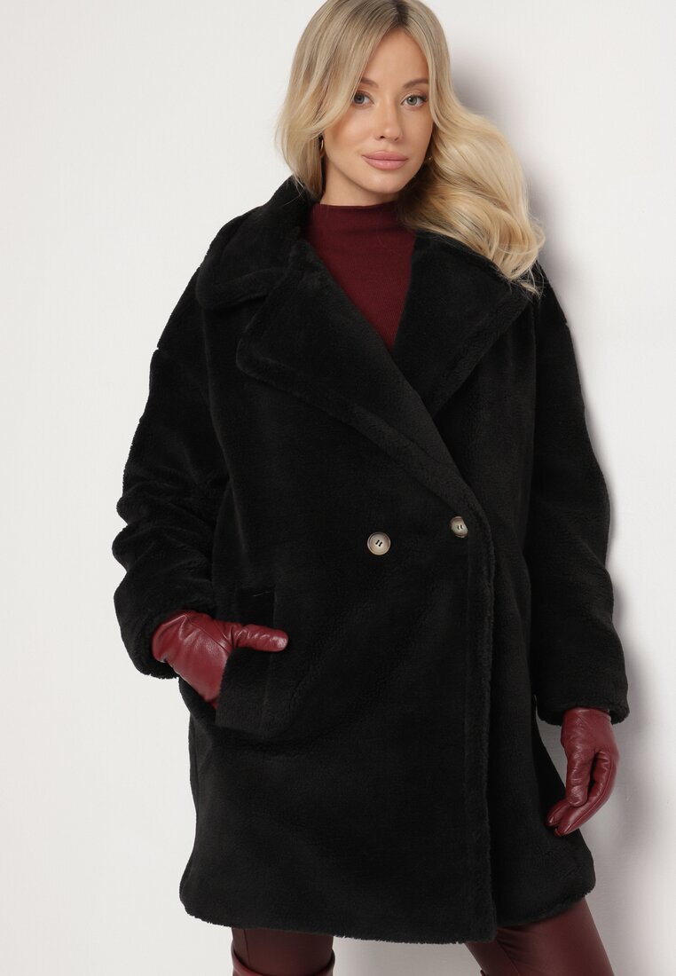 j.style Palton Negru Lung Blană Dublu Rând Stil Teddy Malwirae