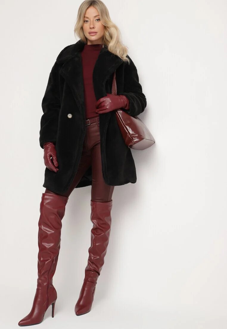 j.style Palton Negru Lung Blană Dublu Rând Stil Teddy Malwirae