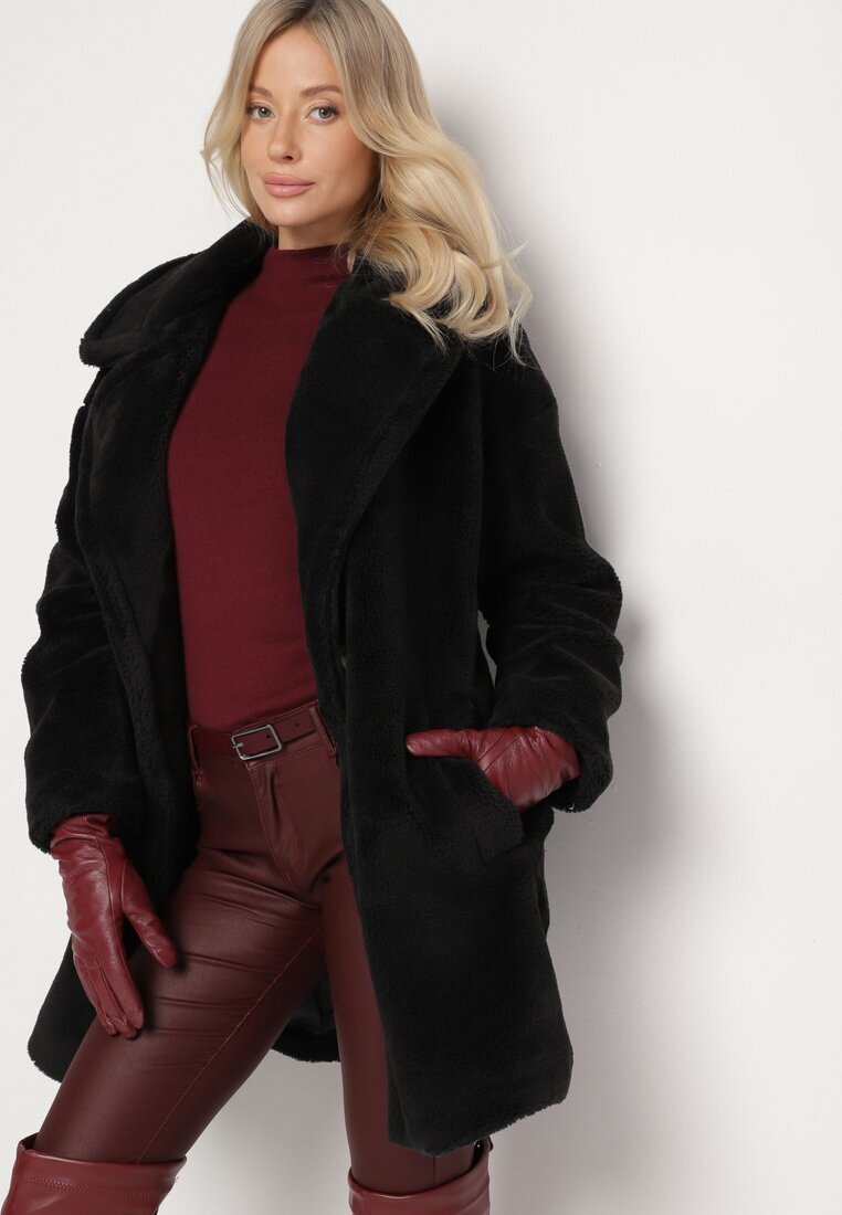 j.style Palton Negru Lung Blană Dublu Rând Stil Teddy Malwirae