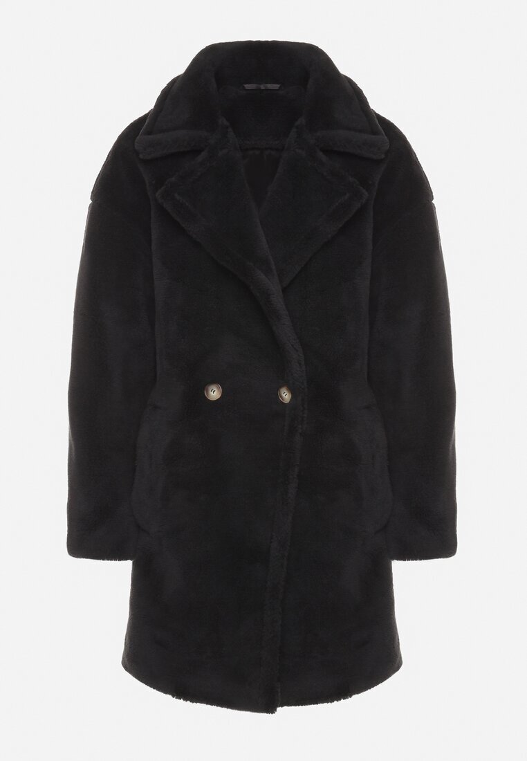 j.style Palton Negru Lung Blană Dublu Rând Stil Teddy Malwirae