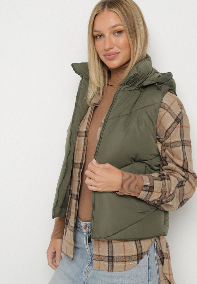 j.style Vestă Clasică Verde închisă cu Cusături Matlasate și Glugă Ollera