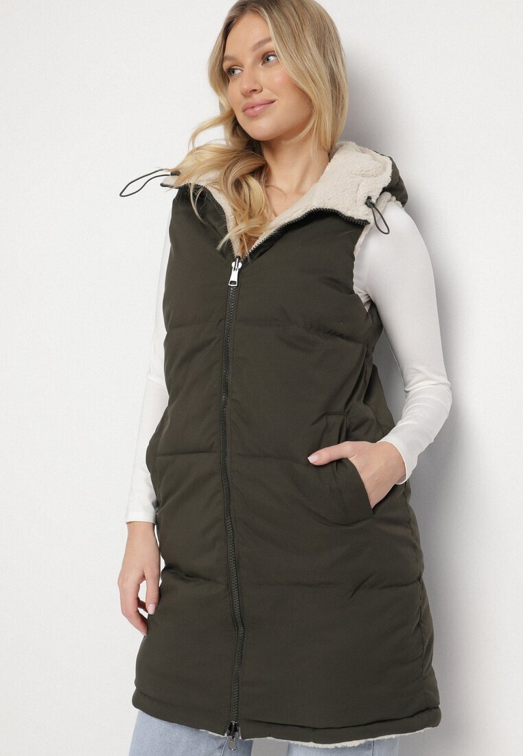 j.style Vestă Matlasată Verde închis Reversibilă cu blană tip miel și glugă Lertiala