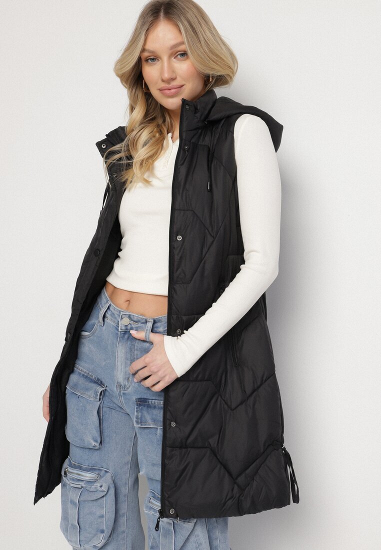 j.style Vestă Neagră Matlasată cu Glugă Detașabilă și Elastic Lorianvia