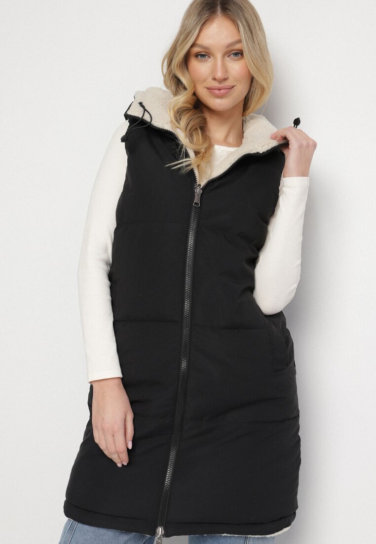 j.style Vestă Neagră Matlasată Reversibilă cu blană tip miel și glugă Lertiala