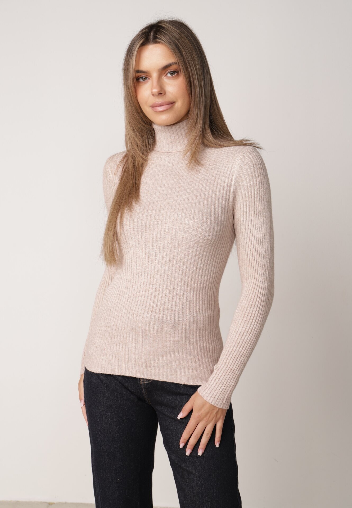 j&x Asortat elastic cu guler înalt din bumbac din tricot reiat Sindhe Bej