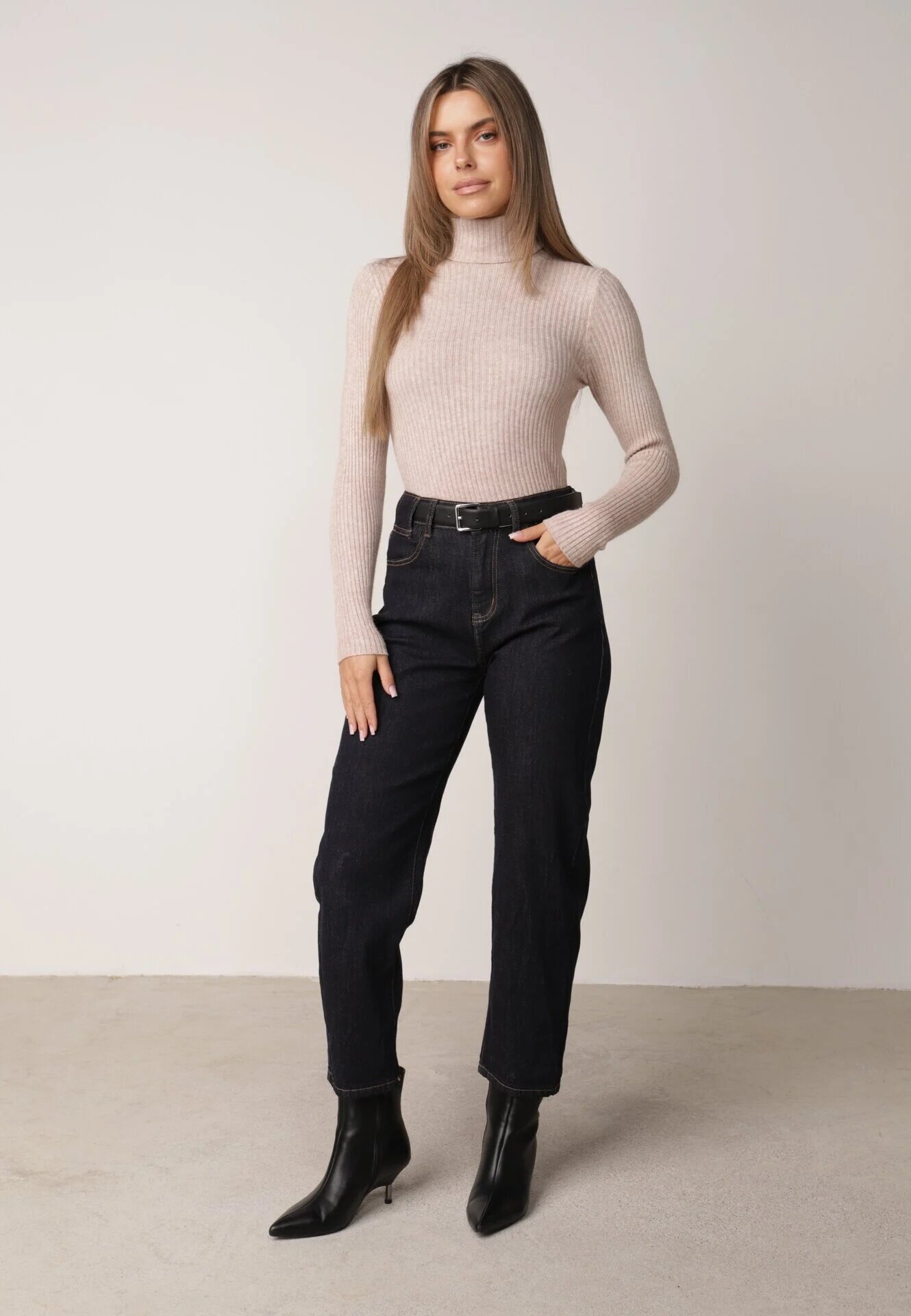 j&x Asortat elastic cu guler înalt din bumbac din tricot reiat Sindhe Bej