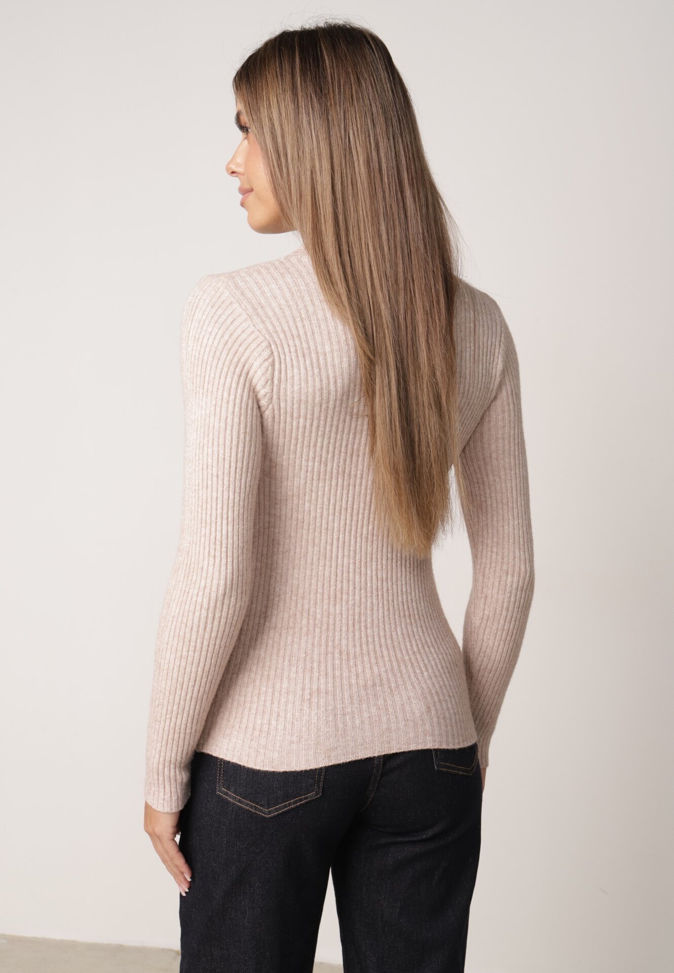 j&x Asortat elastic cu guler înalt din bumbac din tricot reiat Sindhe Bej