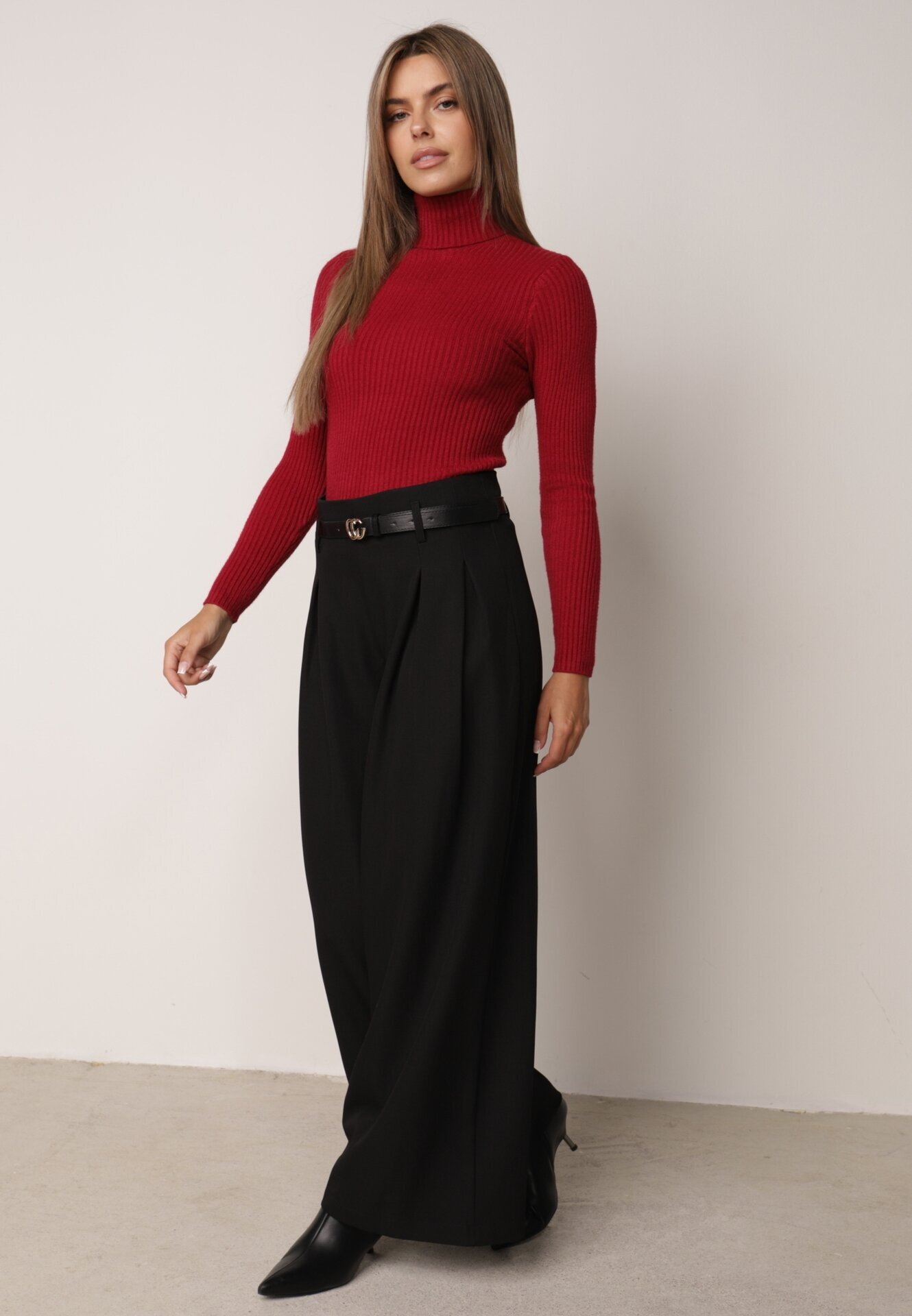 j&x Asortat elastic cu guler înalt din bumbac din tricot reiat Sindhe Bordo