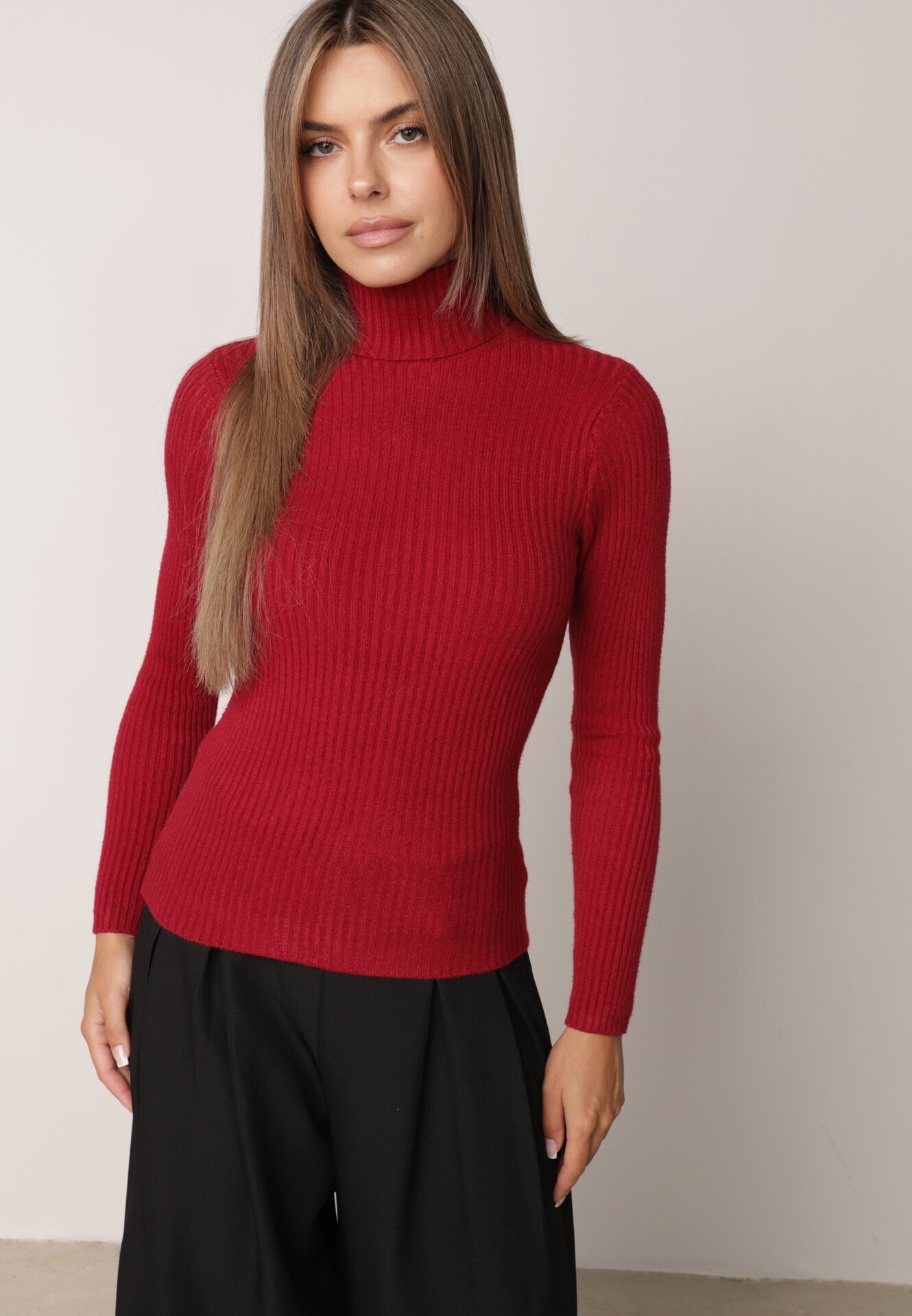j&x Asortat elastic cu guler înalt din bumbac din tricot reiat Sindhe Bordo