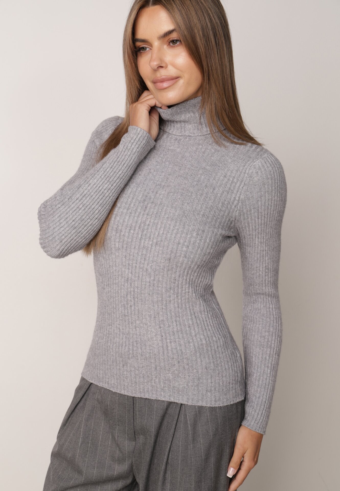 j&x Asortat elastic cu guler înalt din bumbac din tricot reiat Sindhe Gri