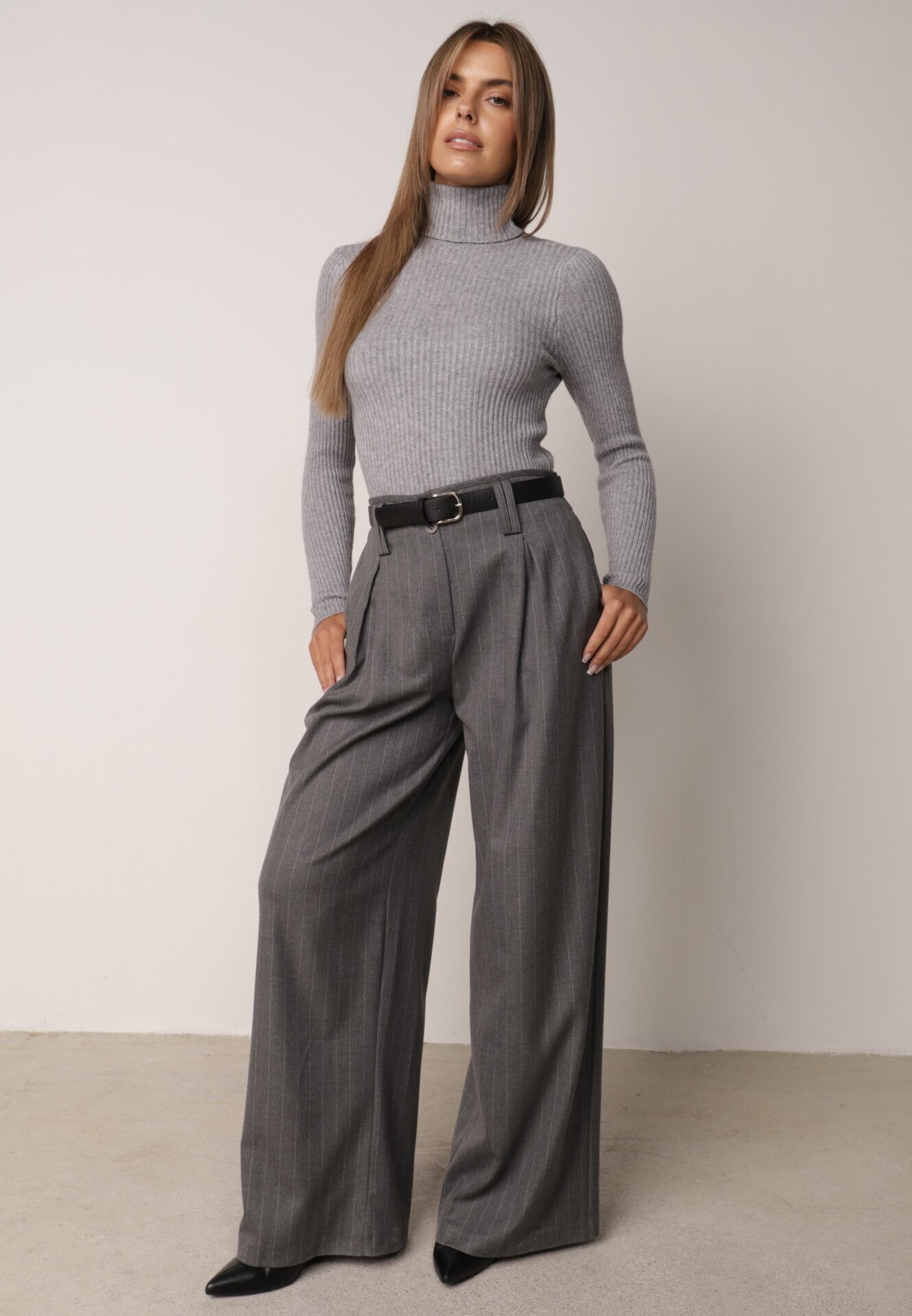 j&x Asortat elastic cu guler înalt din bumbac din tricot reiat Sindhe Gri