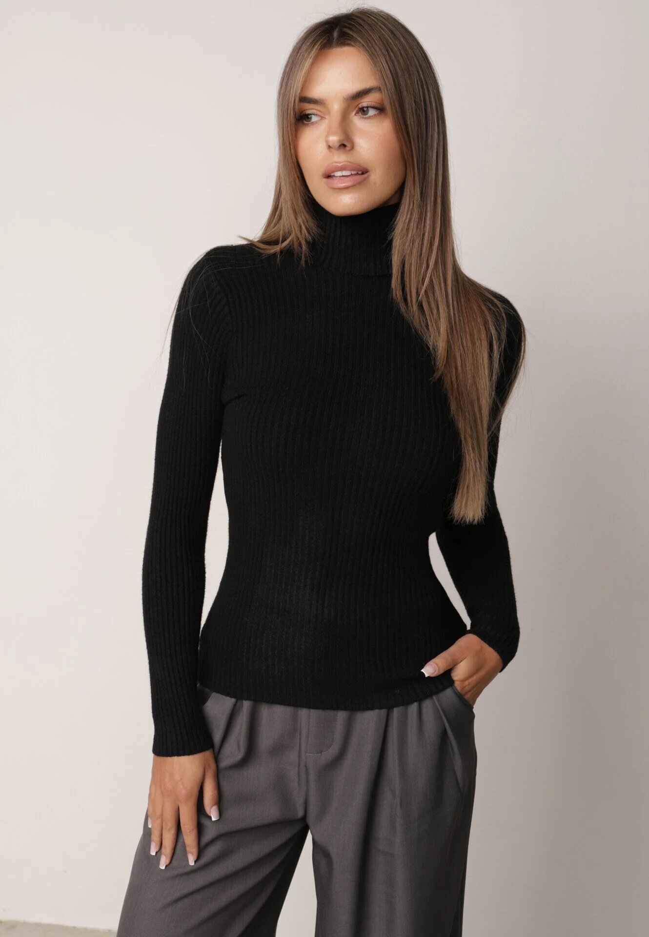 j&x Asortat elastic cu guler înalt din bumbac din tricot reiat Sindhe Negru