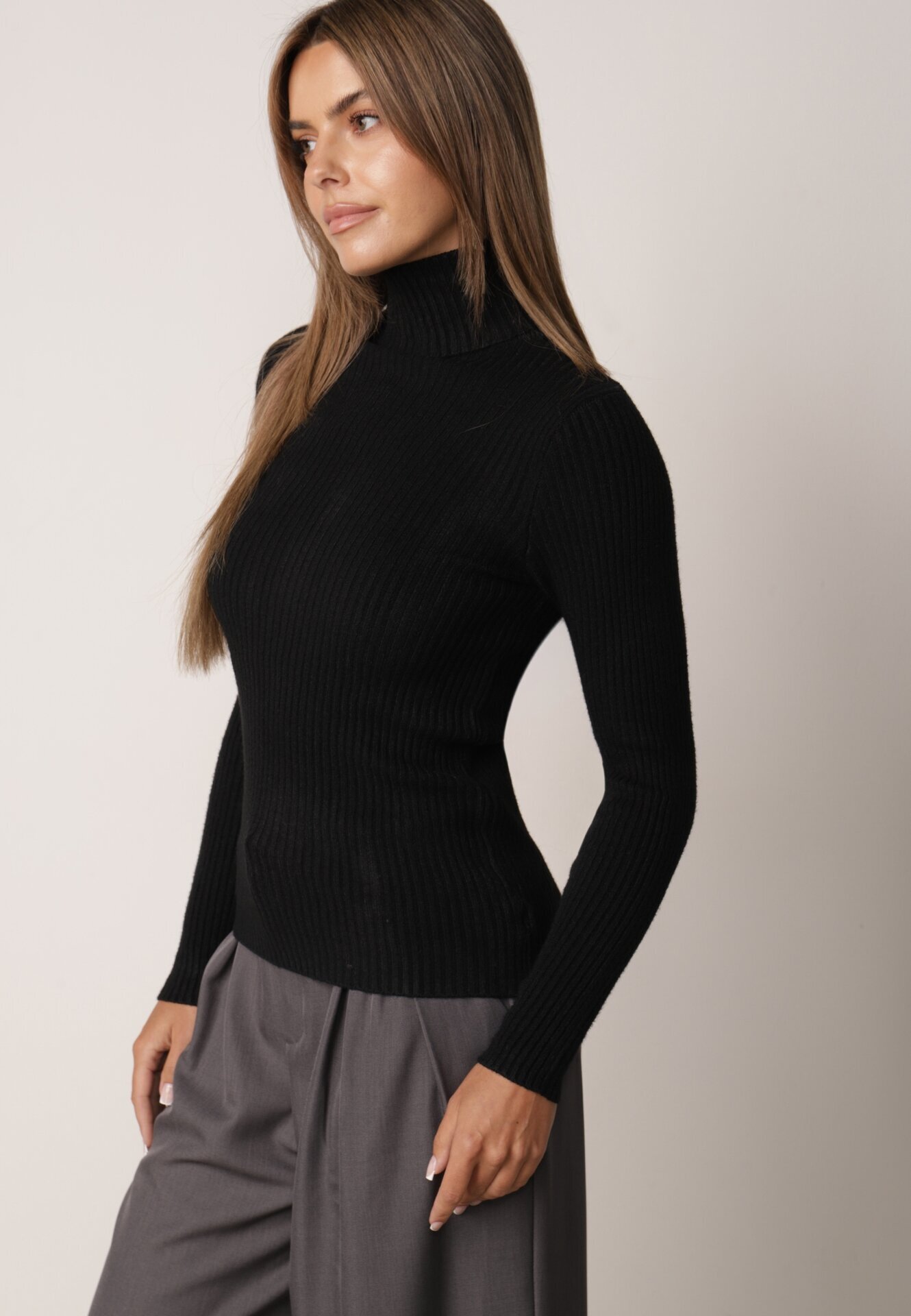 j&x Asortat elastic cu guler înalt din bumbac din tricot reiat Sindhe Negru