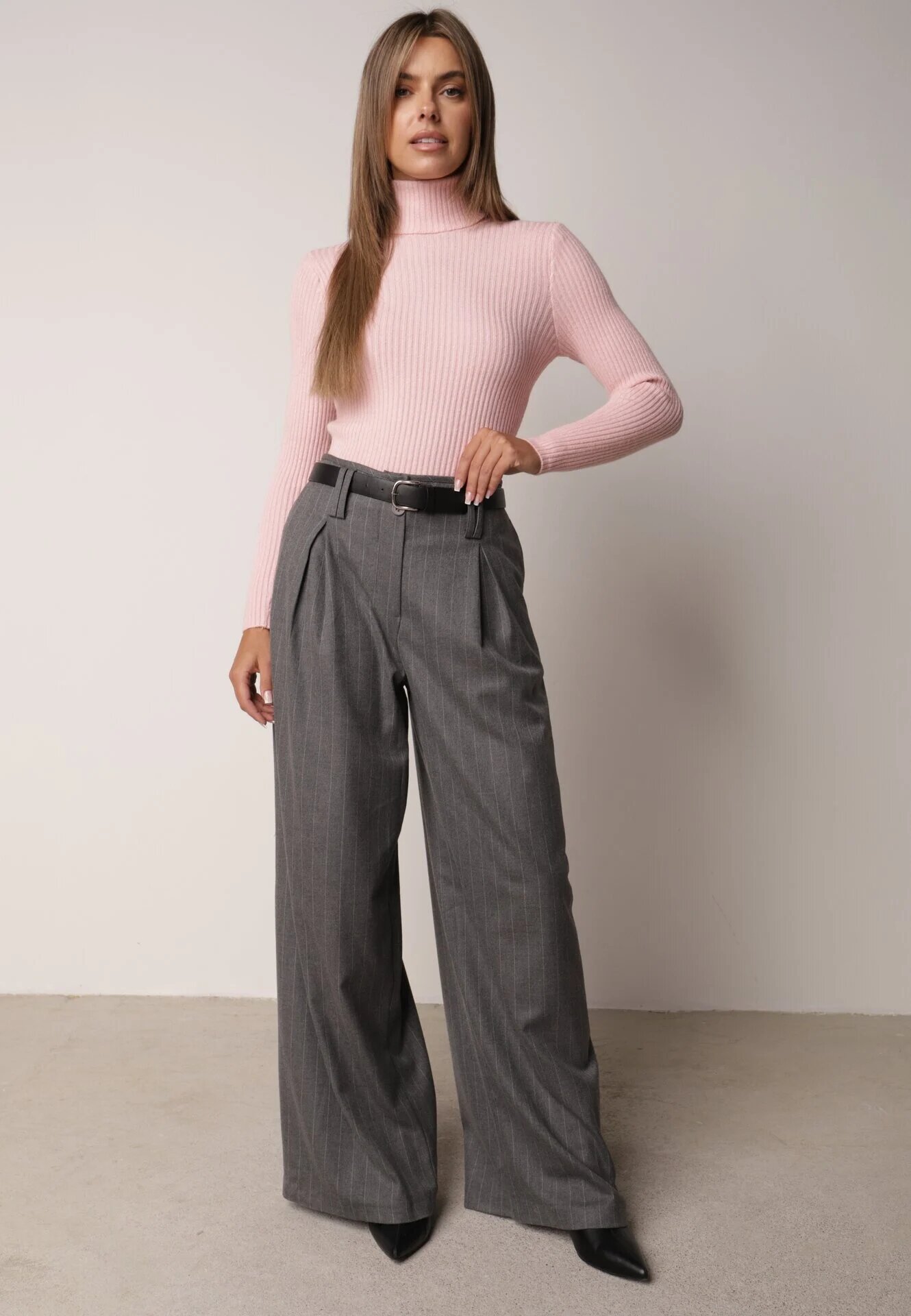 j&x Asortat elastic cu guler înalt din bumbac din tricot reiat Sindhe Roz