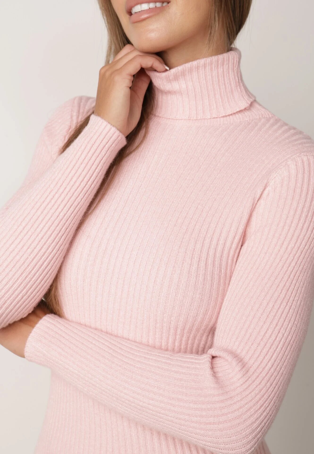 j&x Asortat elastic cu guler înalt din bumbac din tricot reiat Sindhe Roz