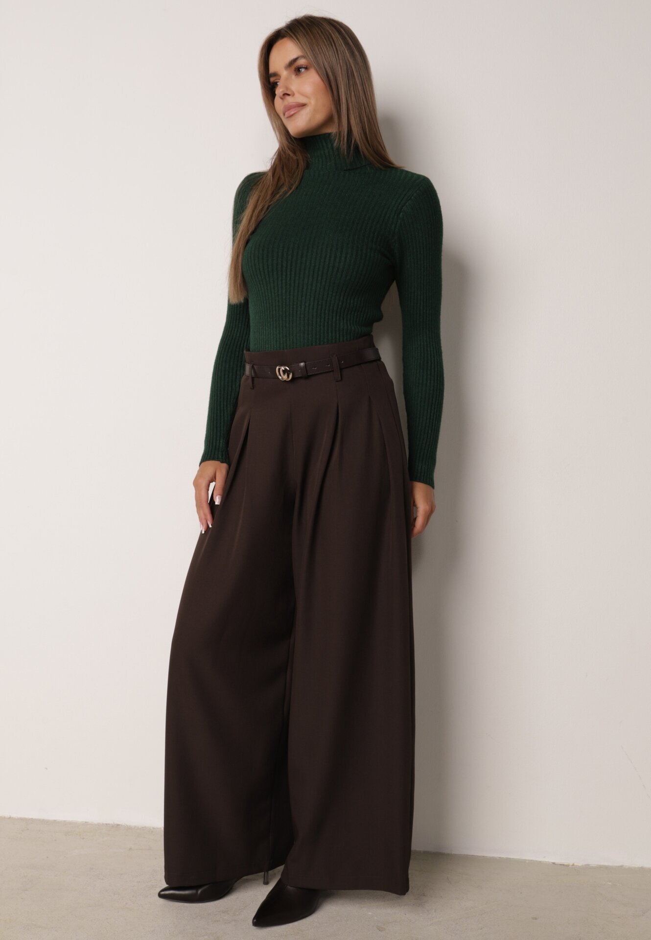j&x Asortat elastic cu guler înalt din bumbac din tricot reiat Sindhe Verde închis