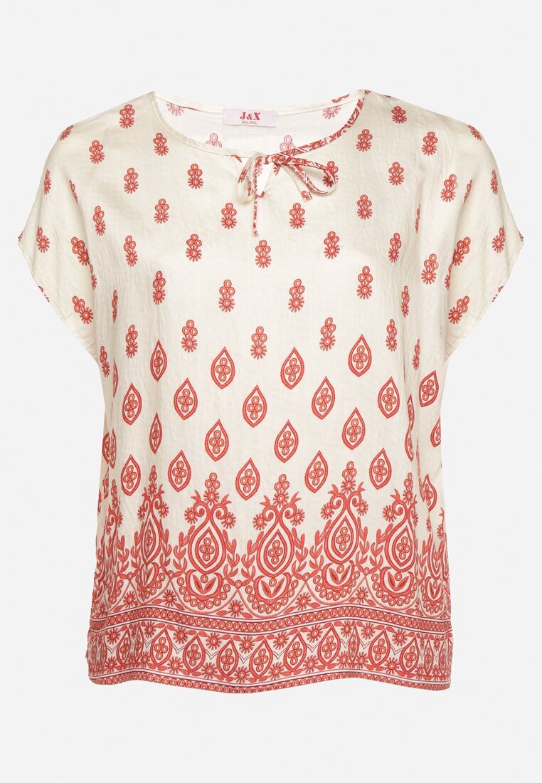 j&x Bluză Alb-Roșie cu model Boho cu legătură la decolteu Jenalia
