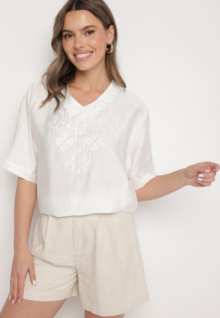 j&x Bluză Albă din bumbac cu broderie decorativă Rinevra